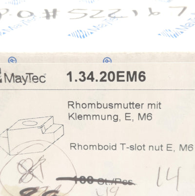 New – Open box Lot of 32 MayTec 1.34.20EM6 Rhomboid T-Slot Nut, M6 Thread, Slot: E