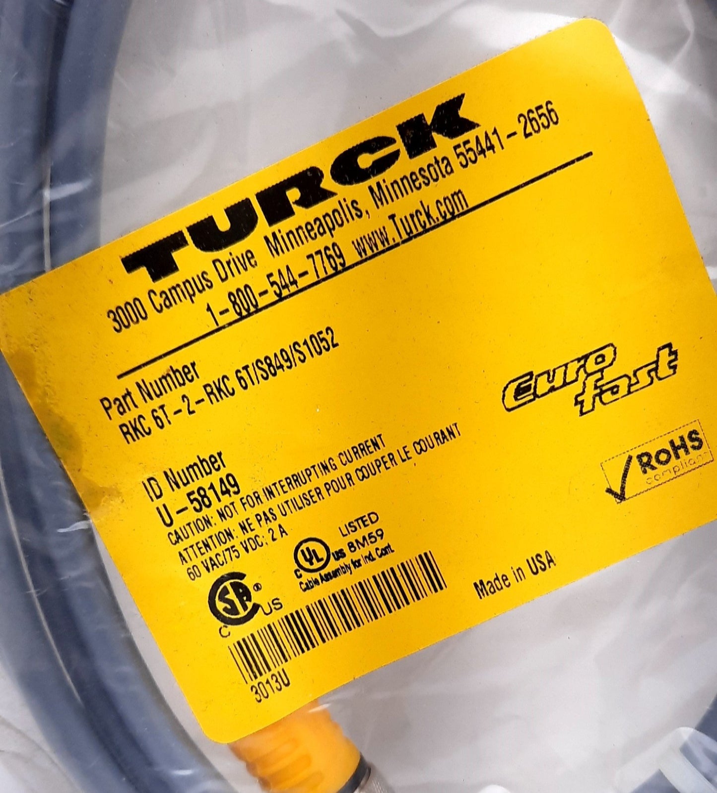 New Turck RKC 6T-2-RKC 6T/S849/S1052 Actuator Sensor Cordset 2A 75VDC 60VAC 6 Pin