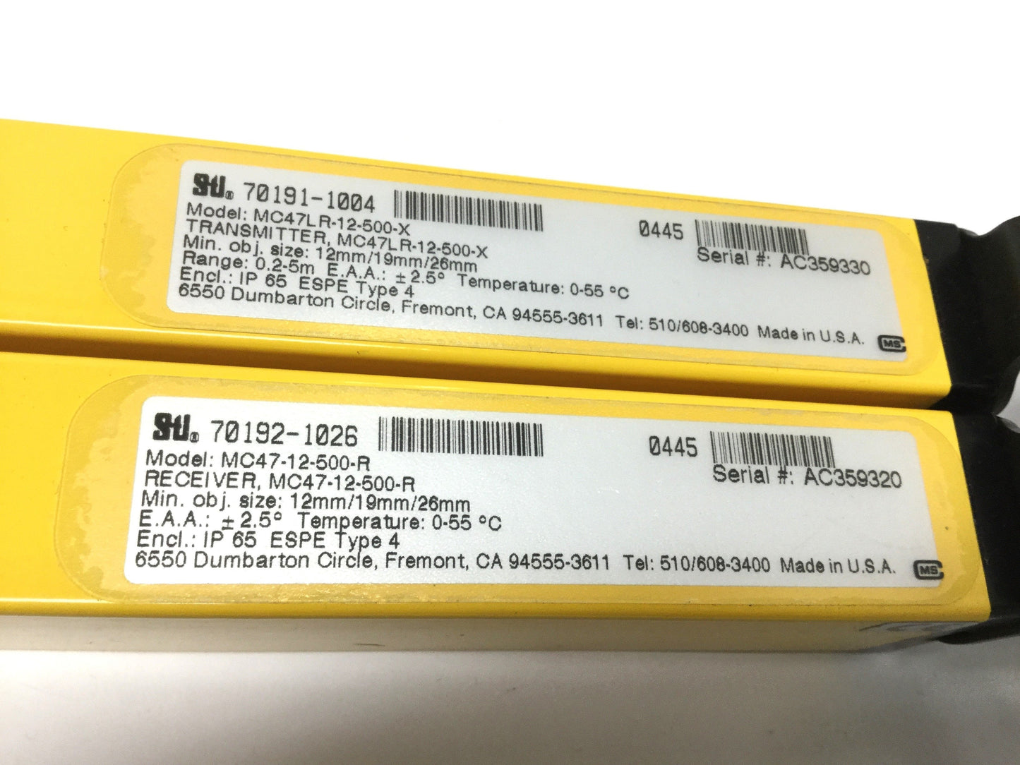 Used Sti MC47LR-12-500-X/ MC47-12-500-R Safety Light Curtain Set Transmitter/Receiver