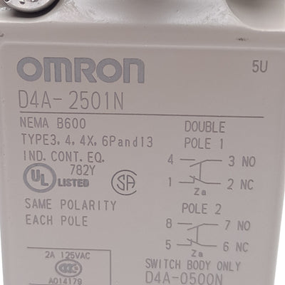 New Omron D4A-2501N Limit Switch, DPDT, Side Rotary Actuator, 1/2in NPT Conduit