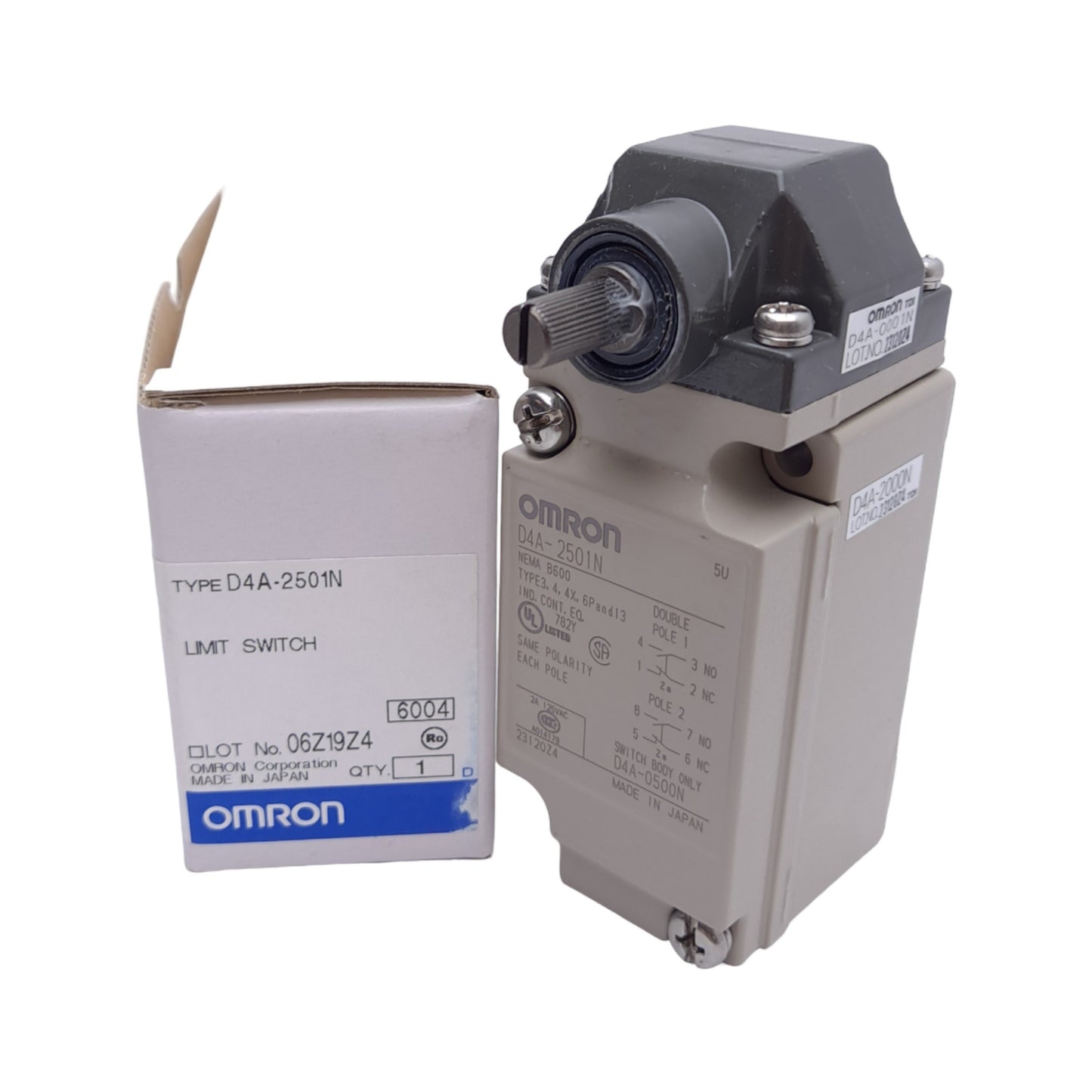New Omron D4A-2501N Limit Switch, DPDT, Side Rotary Actuator, 1/2in NPT Conduit