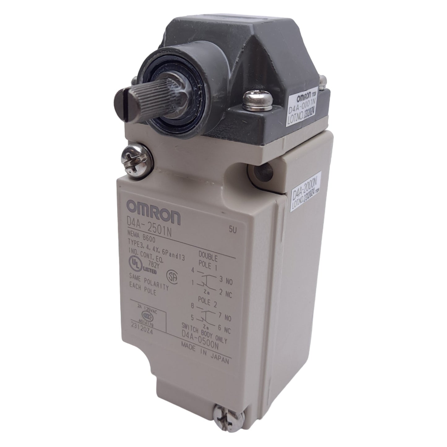 New Omron D4A-2501N Limit Switch, DPDT, Side Rotary Actuator, 1/2in NPT Conduit