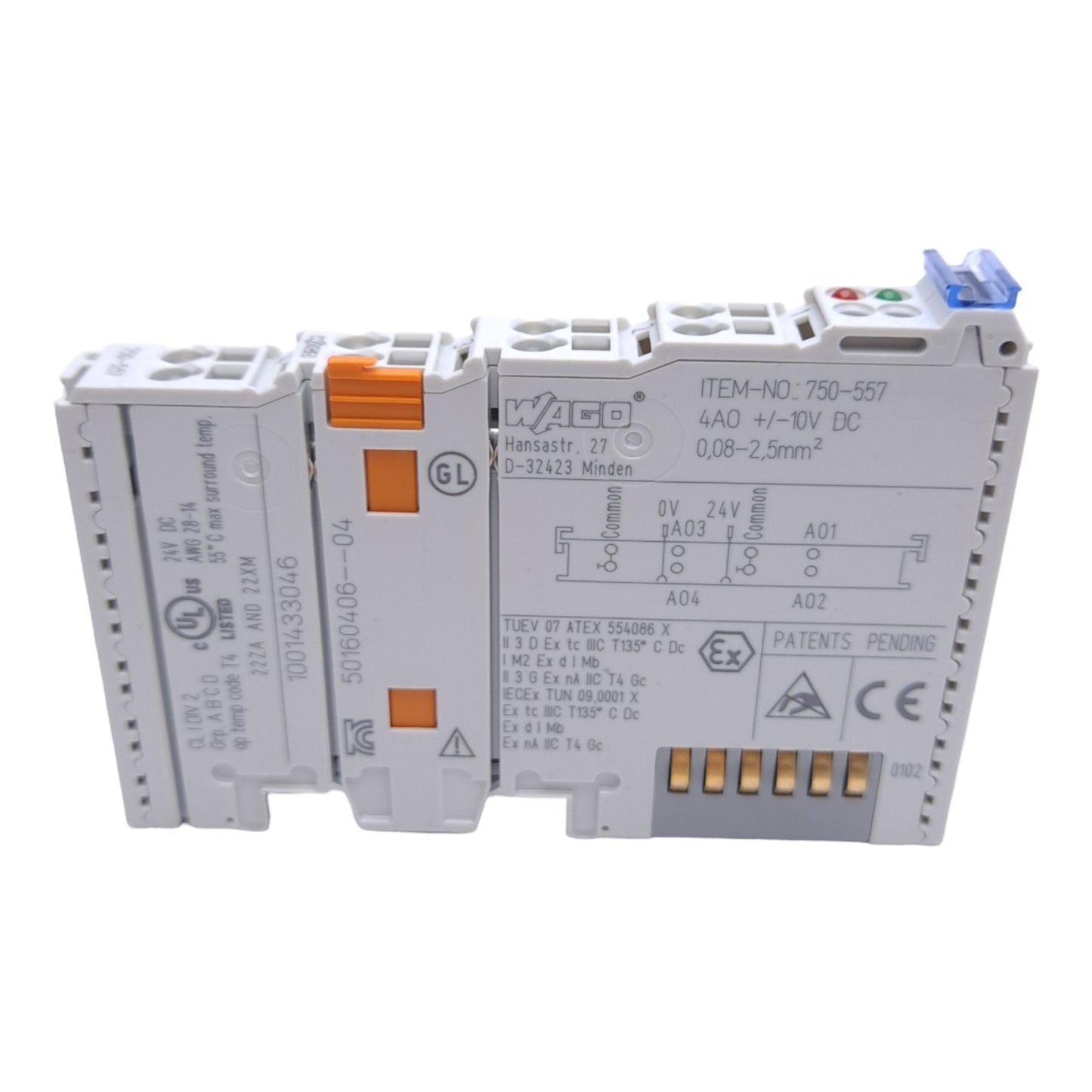 New Wago 750-557 Analog Output Module, 4-Channel, ±10VDC Signal, DIN Rail