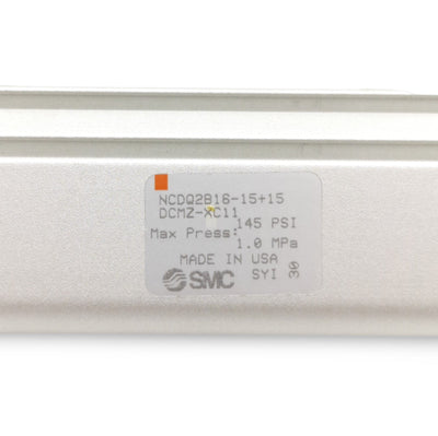 New – Open box SMC NCDQ2B16-15+15DCMZ-XC11 Two Piece Cylinder, 30mm Stroke, 16mm Bore
