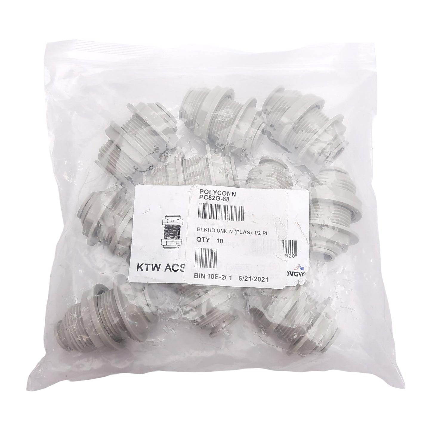 New Lot of 10 Polyconn PC82G-88 Plastic Bulkhead Union ø1/2in Push-to-Connect 230PSI