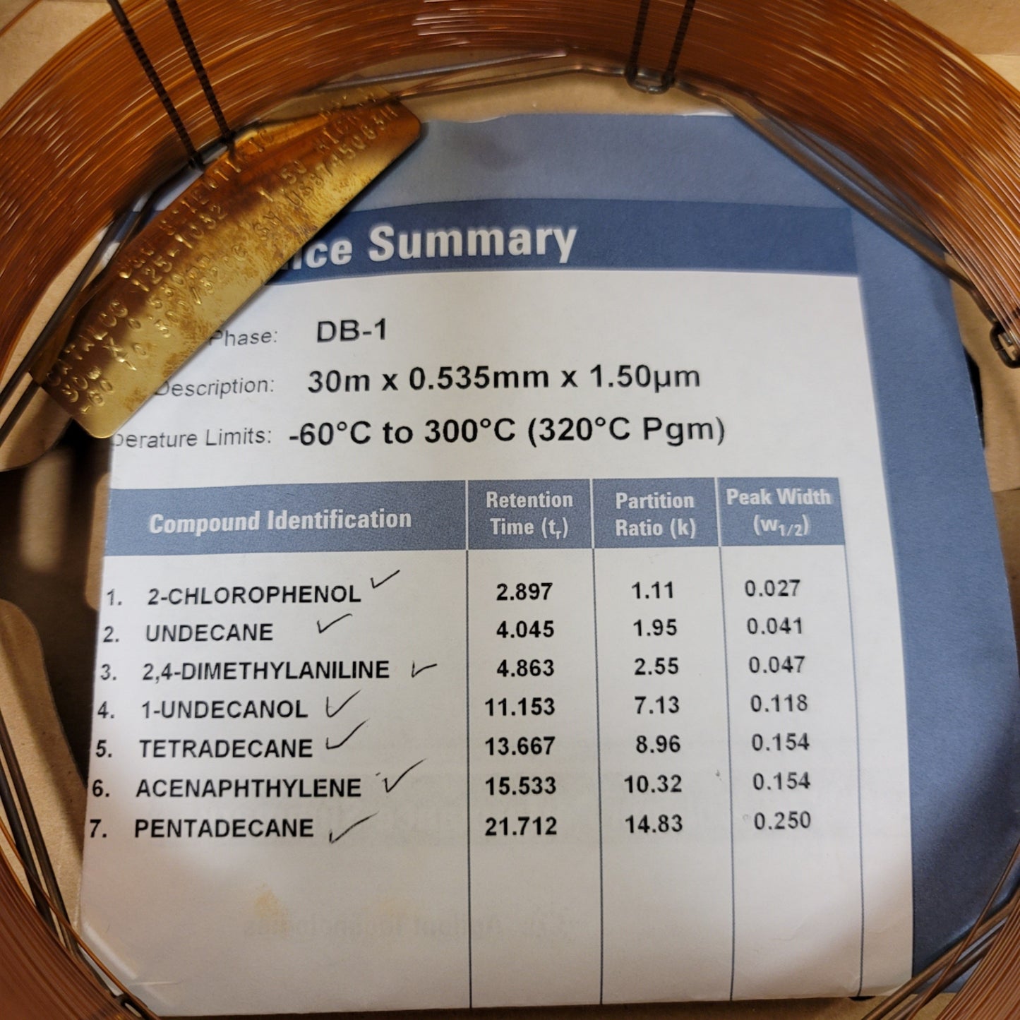 Used Agilent 125-1032 DB-1 Gas Chromatography Column 30m, 0.53mmI.D. -60°C To 300°C