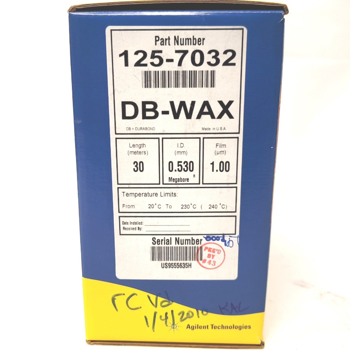 Used Agilent 125-7032 DB-WAX Gas Chromatography Column 30m 0.53mmI.D. 20°C To 230°C