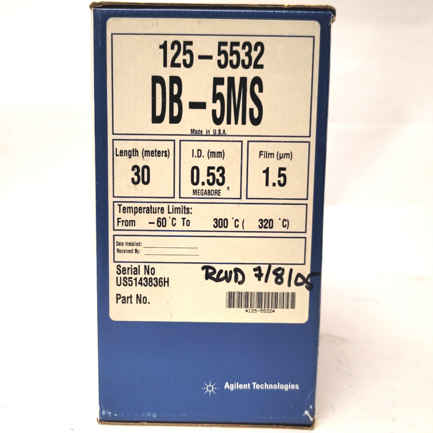 Used Agilent 125-5532 DB-5MS Gas Chromatography Column 30m 0.53mmI.D. -60°C To 300°C