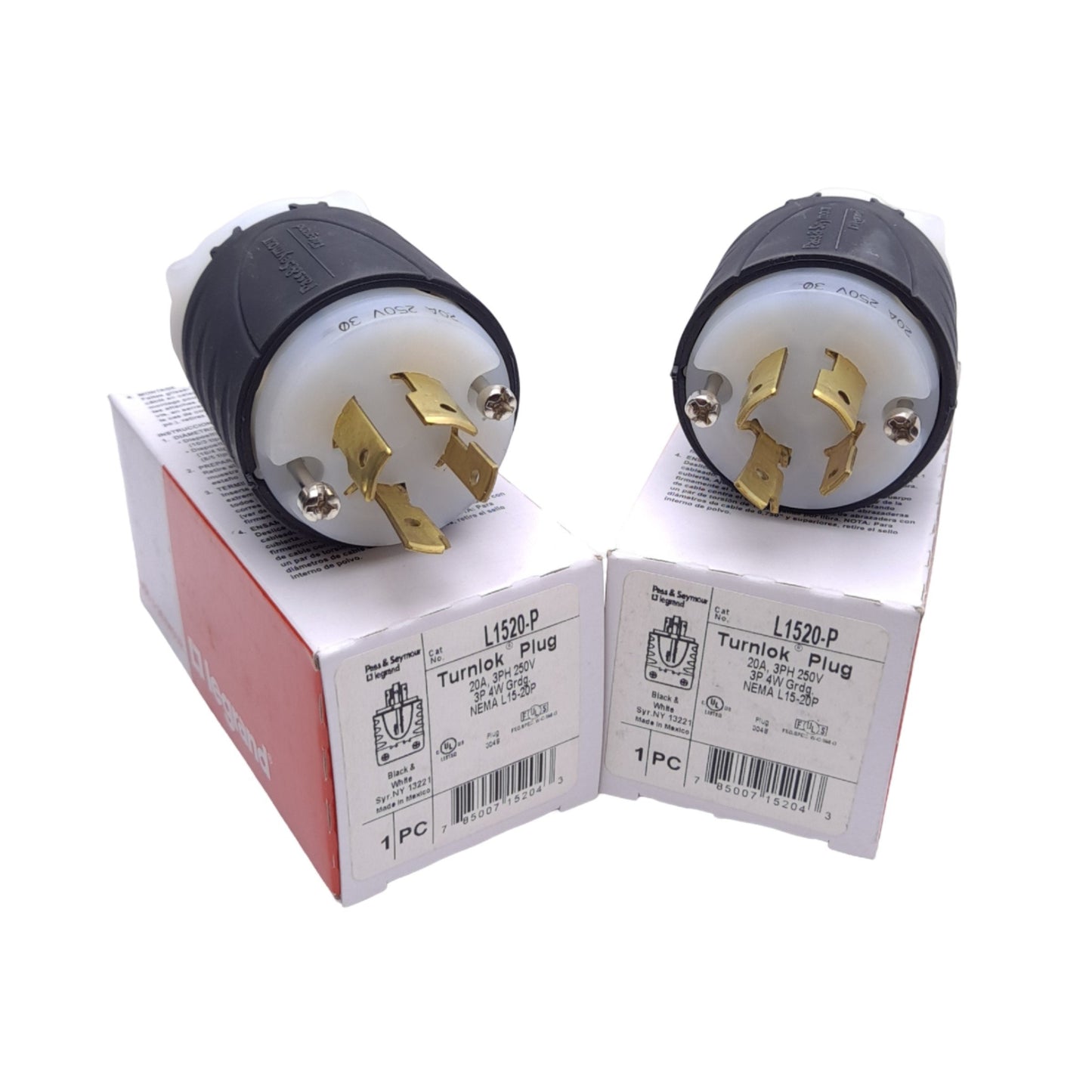 New Lot of 2 Legrand Pass & Seymour L1520P Plug, 3-Pole 4-Wire, 20A, 250V 3-Phase