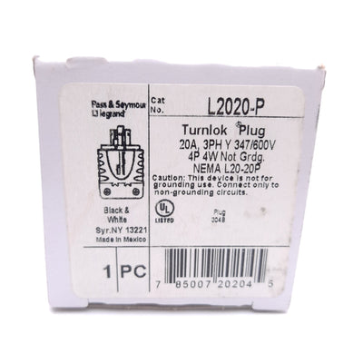 New Legrand Pass & Seymour L2020P Plug, 4-Pole 4-Wire, 20A, 347/600V 3-Phase