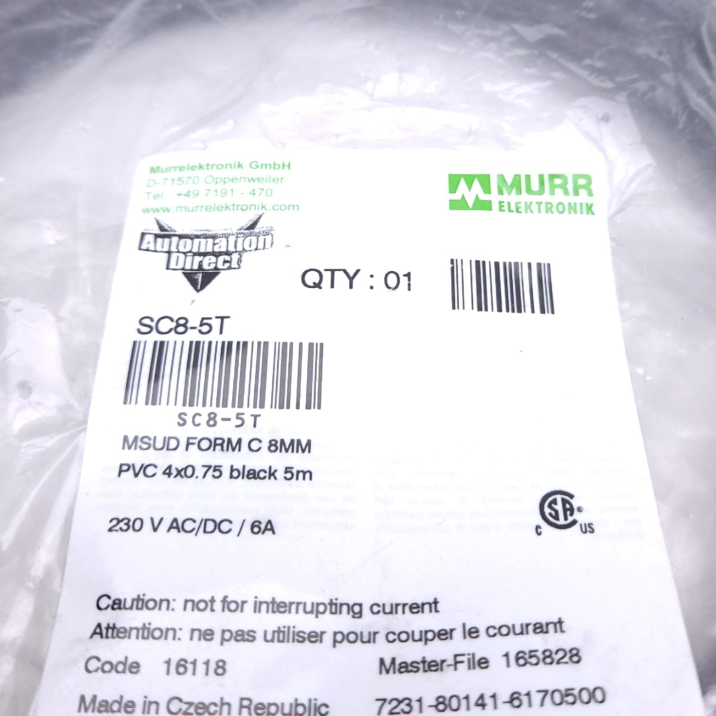 New Lot of 2 Murr Elektronik SC8-5T Transmitter Cable, 8mm DIN 43650 Form C, 5m