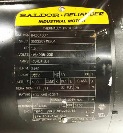 Used Baldor 84Z04007 Motor for Grundfos Coolant Pump 115/208-230VAC 1PH 1.5HP 3450RPM