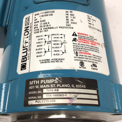 Used Bluffton 1113007406 AC Pump Motor, 115/208-230VAC 1PH, 3450RPM, 1HP, 56C Frame