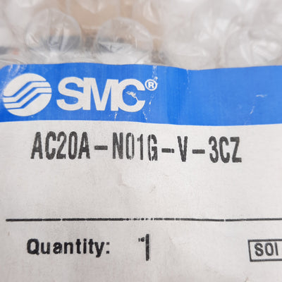 New SMC AC20A-N01G-V-3CZ Filter Regulator + Lubricator 150PSI, 5µm Filter, 1/2in NPT