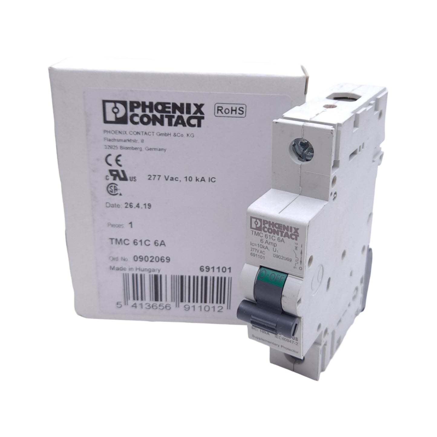 New Phoenix Contact 0902069 TMC 61C 6A Circuit Breaker, 1-Pole, 277VAC, 6A, DIN Rail