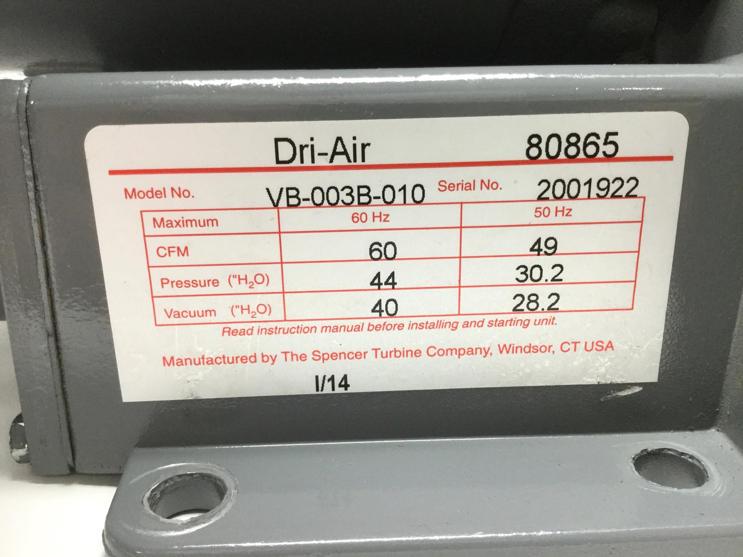 Used Spencer VB-003B-010 Vortex Regenerative Blower 208-230/460VAC 3PH, 60CFM, 1/2HP