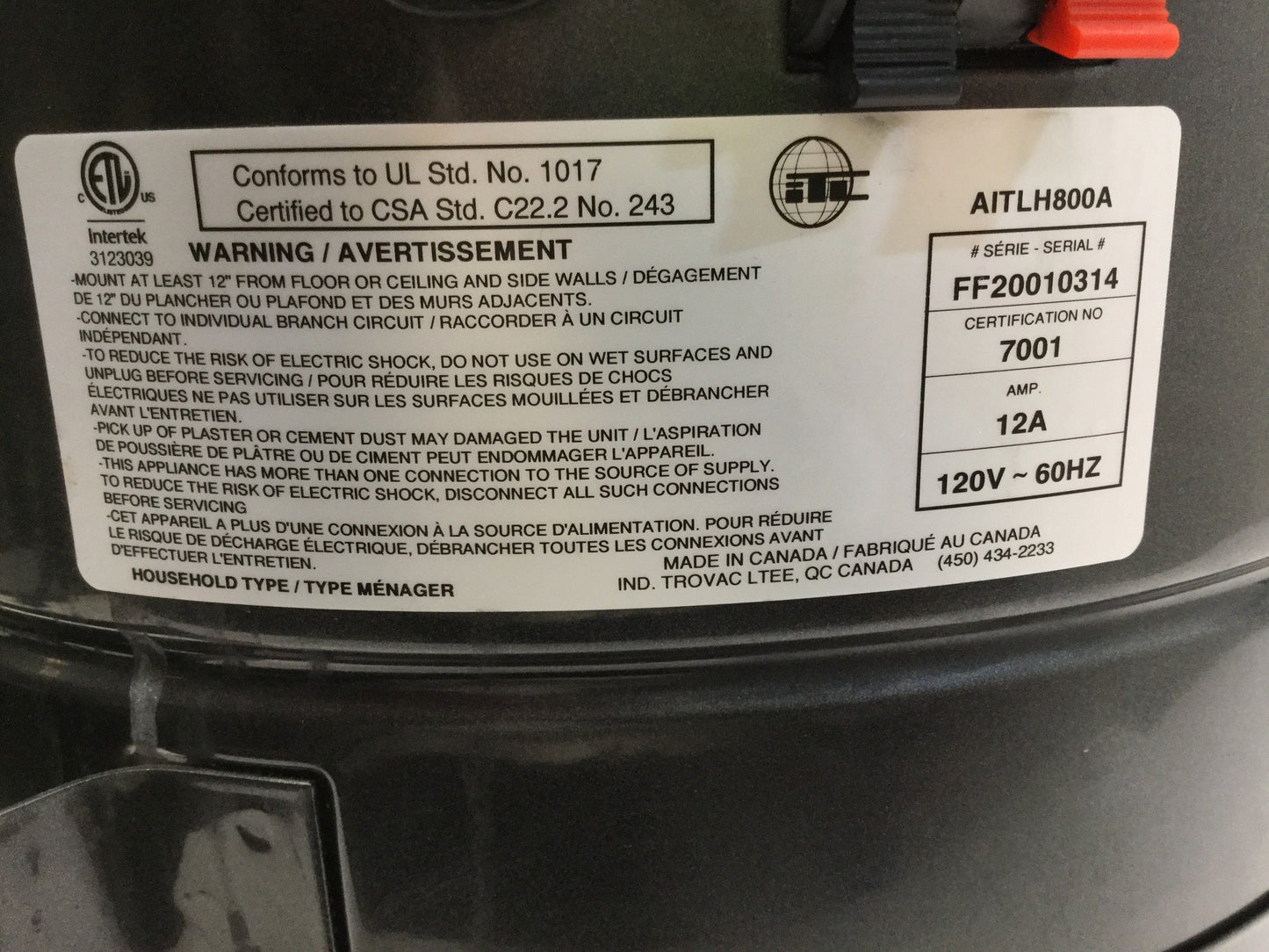 Used Trovac HD800 Heavy Duty Central Vacuum Motor Head Unit, 115CFM, 120VAC 12A