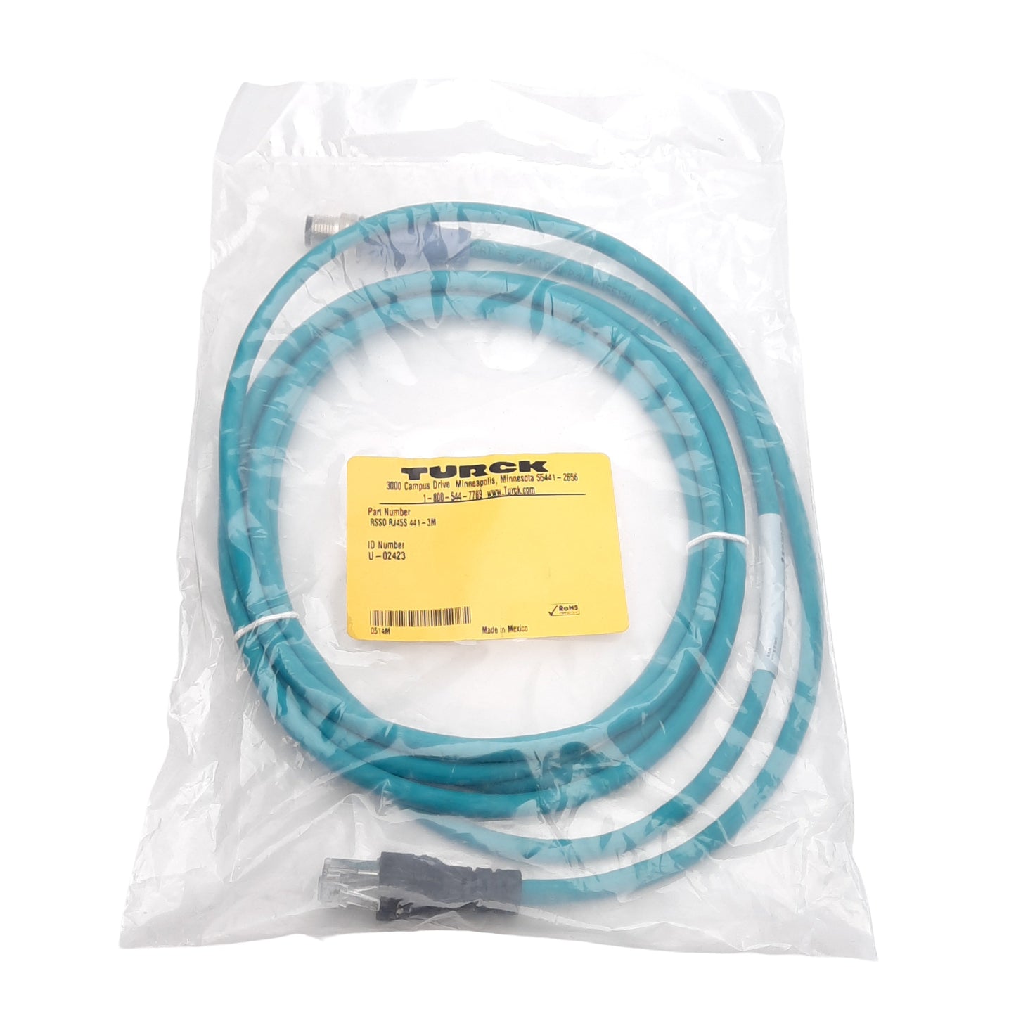 New Turck RSSD RJ45S 441-3M Industrial Ethernet Cable 42V 1.5A, Male M12 to RJ45, 3m