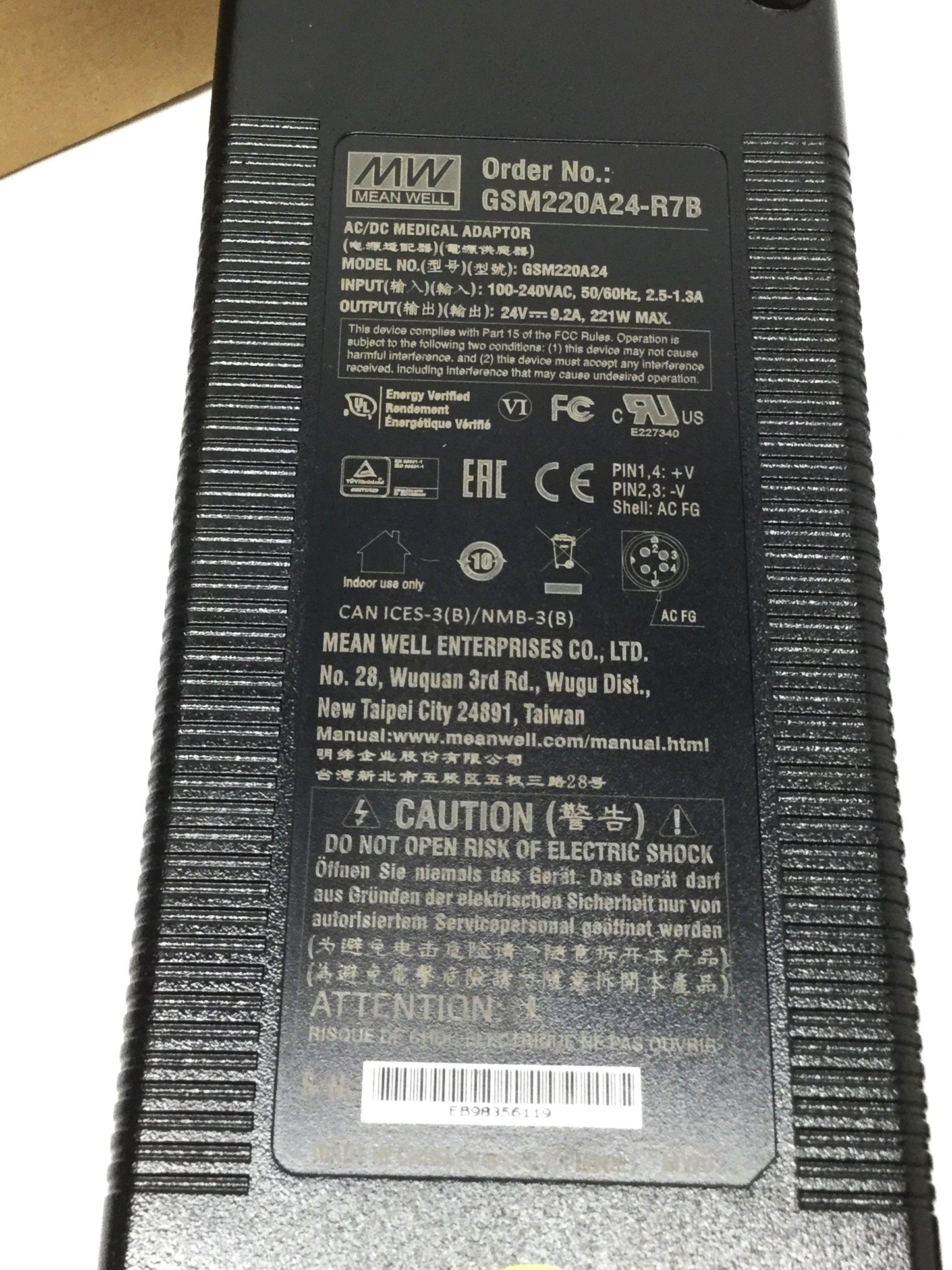 New – Open box Mean Well GSM220A24-R7B Medical Power Supply 120/240VAC In, 4-Pin DIN 24VDC 9.2A