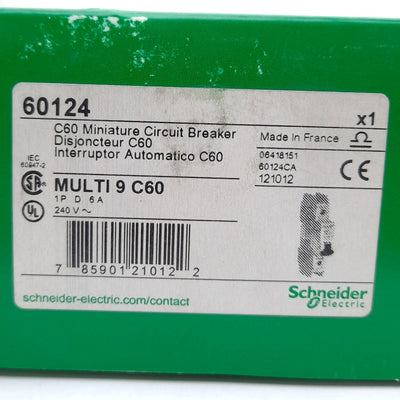 New Schneider Electric 60124 Circuit Breaker, 1-Pole, 6A, 120/240VAC, DIN Rail