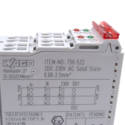New Wago 750-522 Digital Output Module, 2-Channel, 230VAC, Solid State, DIN Rail