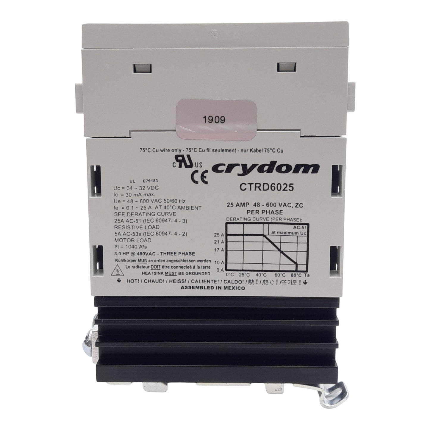 New – Open box Crydom CTRD6025 Solid State Relay, 3PST-NO, 4-32VDC Control, 48-600VAC Line, 25A