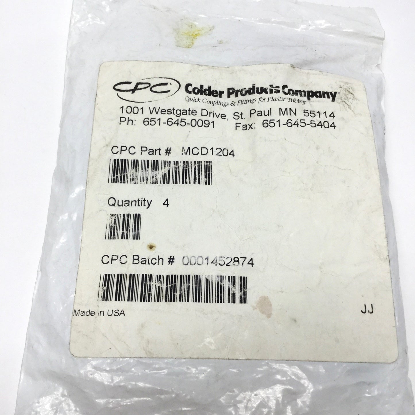 New Lot of 4 CPC Colder MCD1204 Valved Panel Mount Coupling Body, 1/4" PTF, 250psi