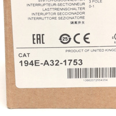 New Allen Bradley 194E-A32-1753 Disconnect Switch 3-Poles, 600VAC, 32A, DIN Rail