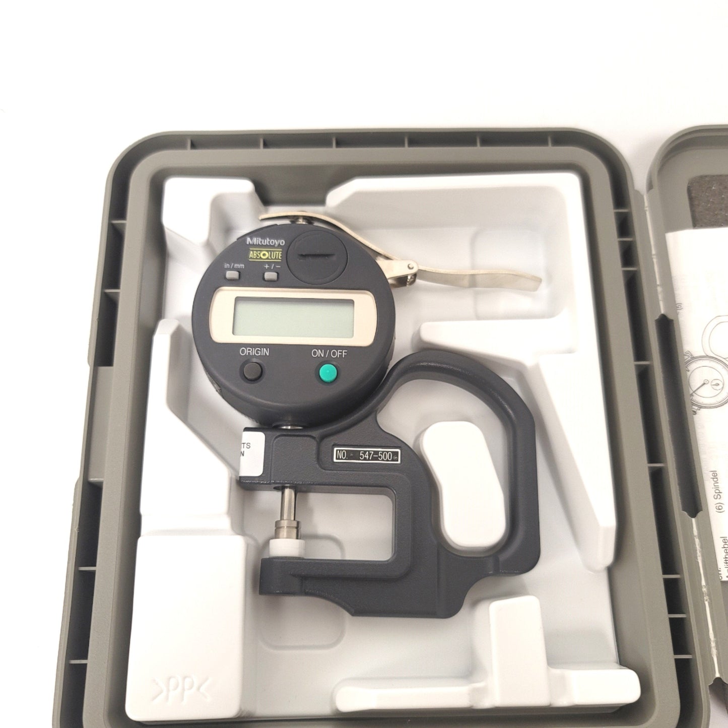 Used Mitutoyo 547-500 Absolute Digital Thickness Gauge 0-0.47" Range, 1.18" Throat