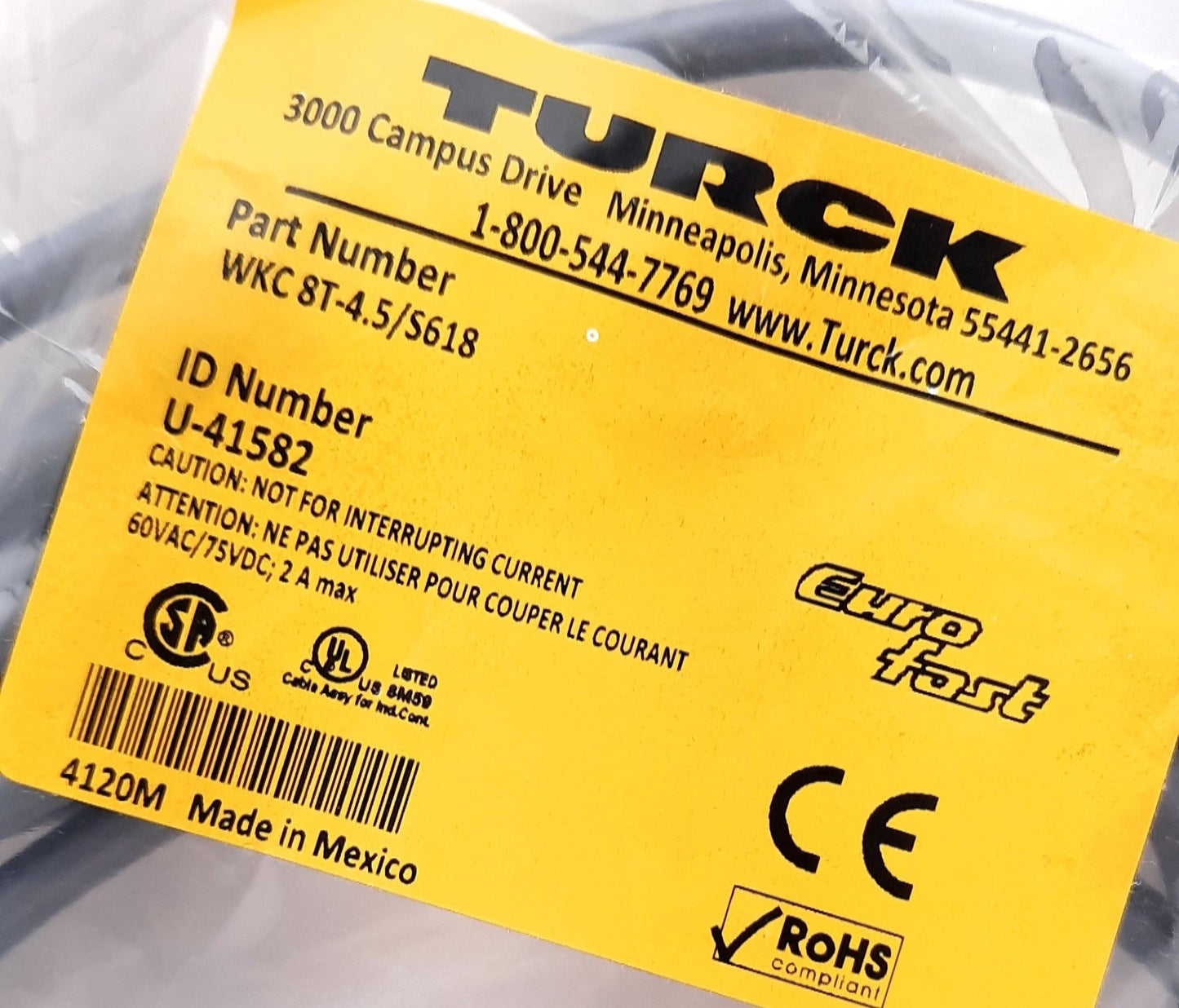 New Turck WKC 8T-4.5/S618 Actuator and Sensor Cordset Right Angle Female M12 8 Pin
