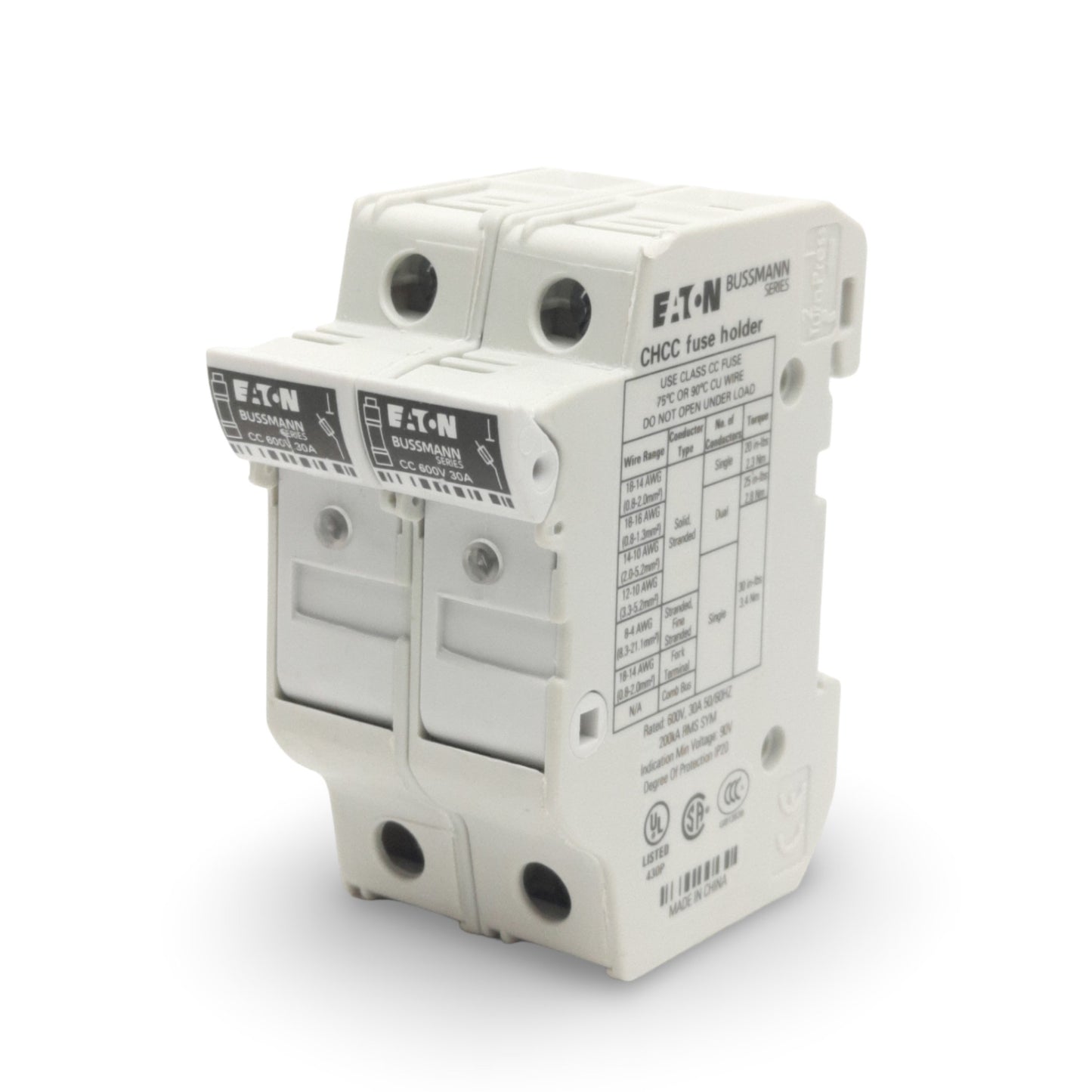 New – Open box Eaton CHCC2DIU Bussman Fuse Holder Block, 2-Poles, 600VAC 30A, LP-CC/FNQ-R/KTK-R
