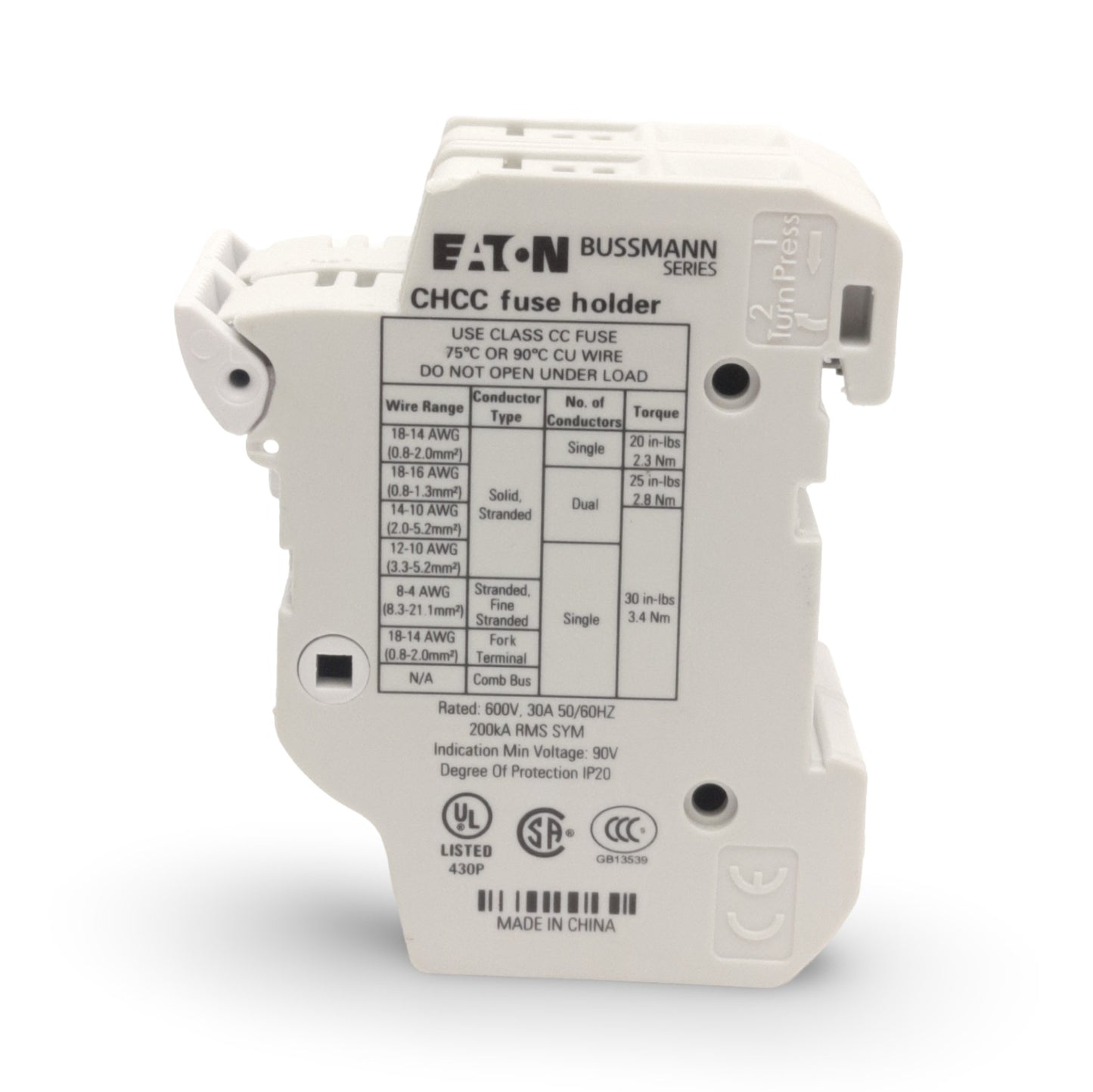 New – Open box Eaton CHCC2DIU Bussman Fuse Holder Block, 2-Poles, 600VAC 30A, LP-CC/FNQ-R/KTK-R