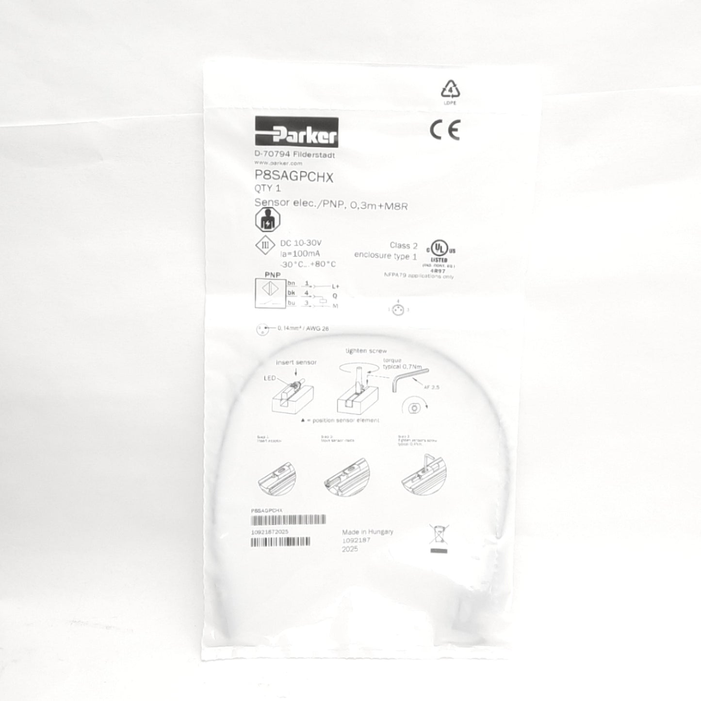 New Parker P8SAGPCHX Square Body Cylinder Sensor, 10-30VDC, PNP-NO, M8 3-Pin 0.3m