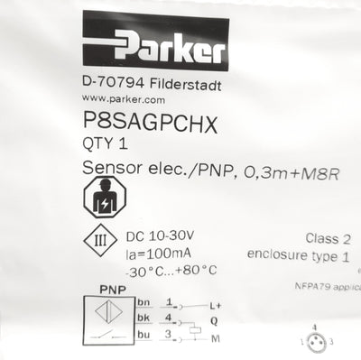 New Parker P8SAGPCHX Square Body Cylinder Sensor, 10-30VDC, PNP-NO, M8 3-Pin 0.3m