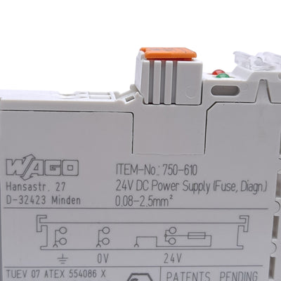 New – Open box Wago 750-610 Power Supply/Fuse Holder, 24VDC, 5 x 20 Fuses, Cage Clamp, DIN Rail