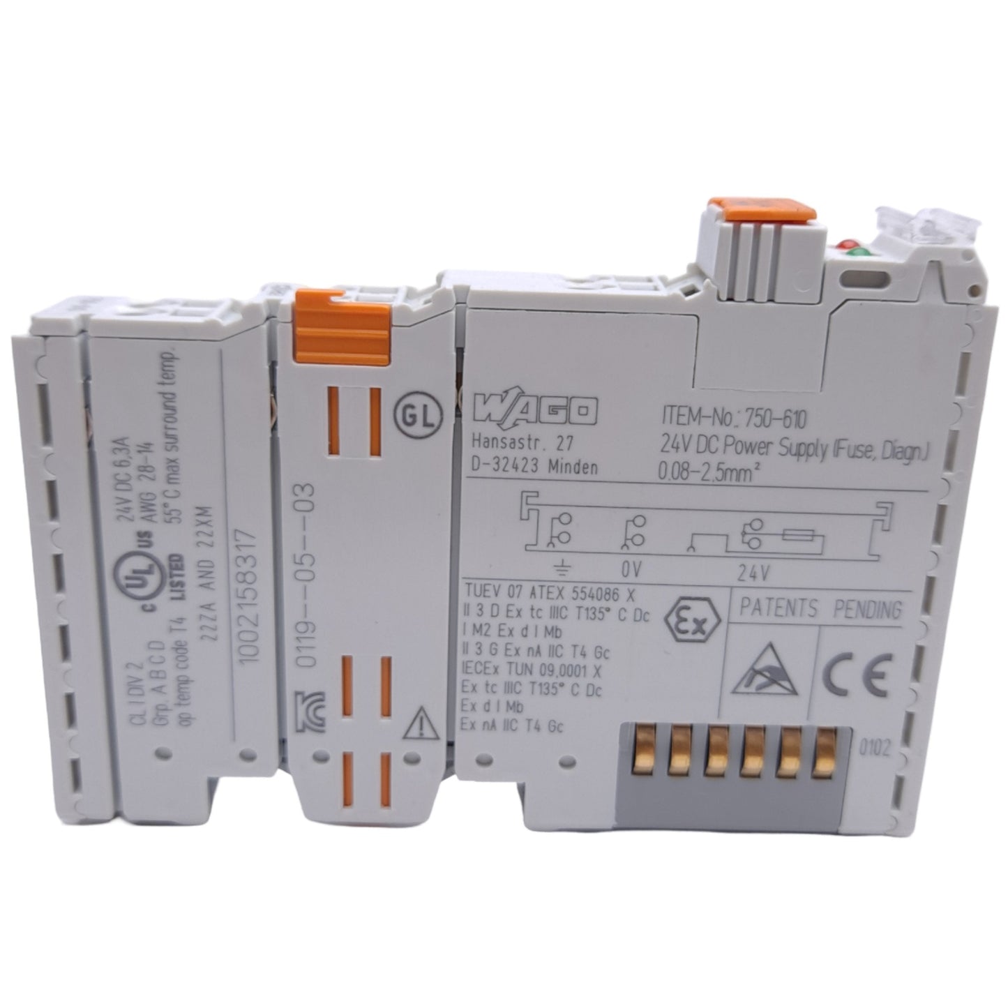 New – Open box Wago 750-610 Power Supply/Fuse Holder, 24VDC, 5 x 20 Fuses, Cage Clamp, DIN Rail