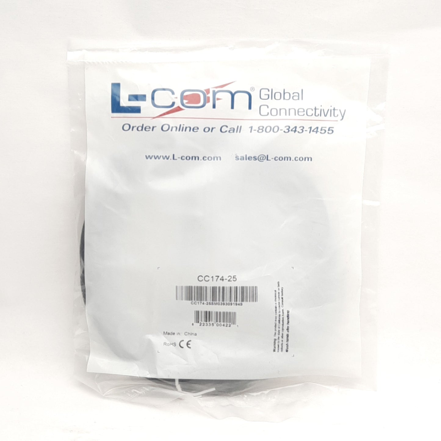 New L-Com CC174-25 RG174 Coaxial Cable, BNC Male to Male, 25Ft Length, 50-Ohm