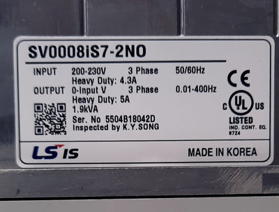 New LS Electric SV0008IS7-2NO Variable Frequency Drive 3 Phase 240VAC 8A 5A 1HP 2HP