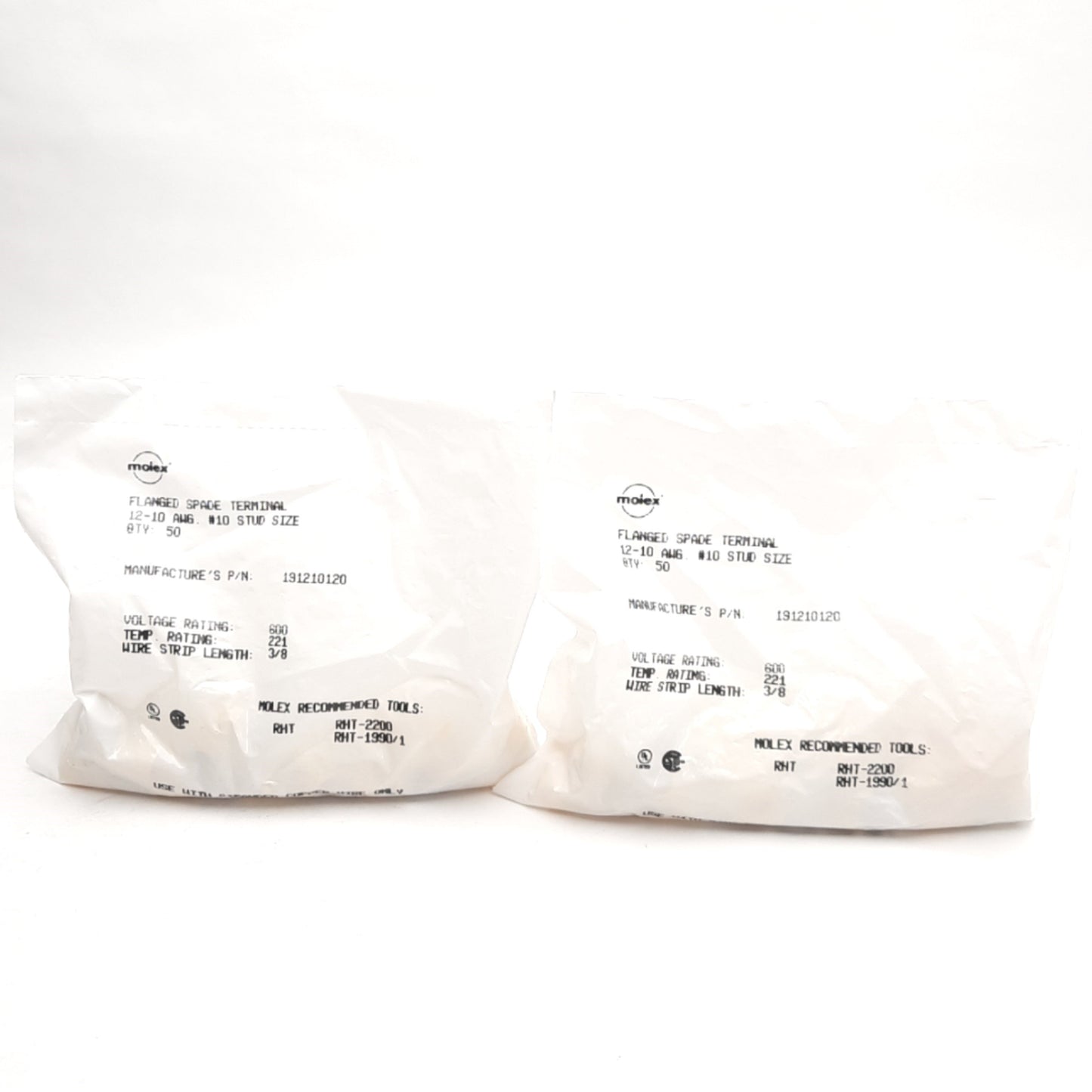 New Lot of 100 Molex 19121-0120 Flanged Spade Terminals, 12-10AWG #10 Stud, 600V