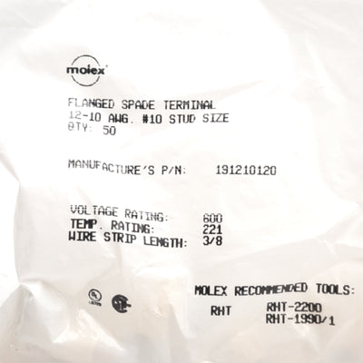 New Lot of 100 Molex 19121-0120 Flanged Spade Terminals, 12-10AWG #10 Stud, 600V