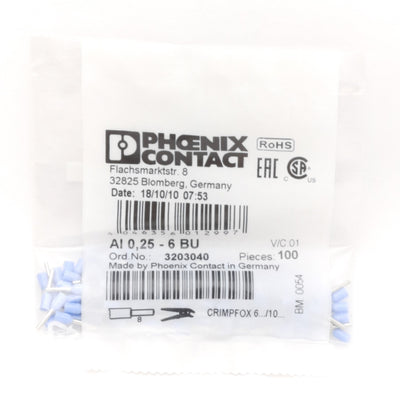 New Lot of 100 Phoenix Contact 3203040 Terminal Block Ferrules, ø6mm x 10.50mm Pin