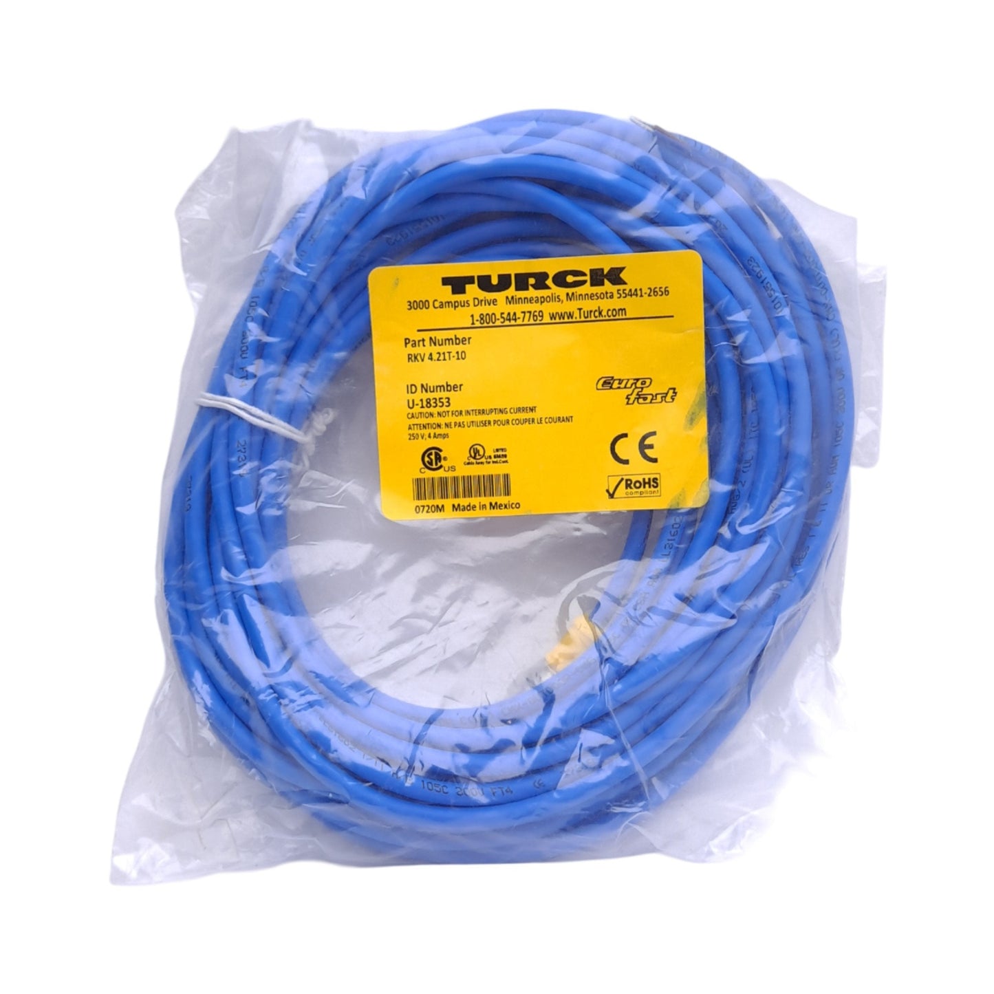 New Turck RKV 4.21T-10 U-18353 Cordset, M12 4-Pin Female to Flying Leads, 10m Length