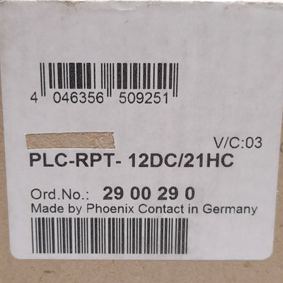New – Open box Phoenix Contact PLC-RPT- 12DC/21HC 2900290 Relay Module 1 C/O Contact 12VDC Coil