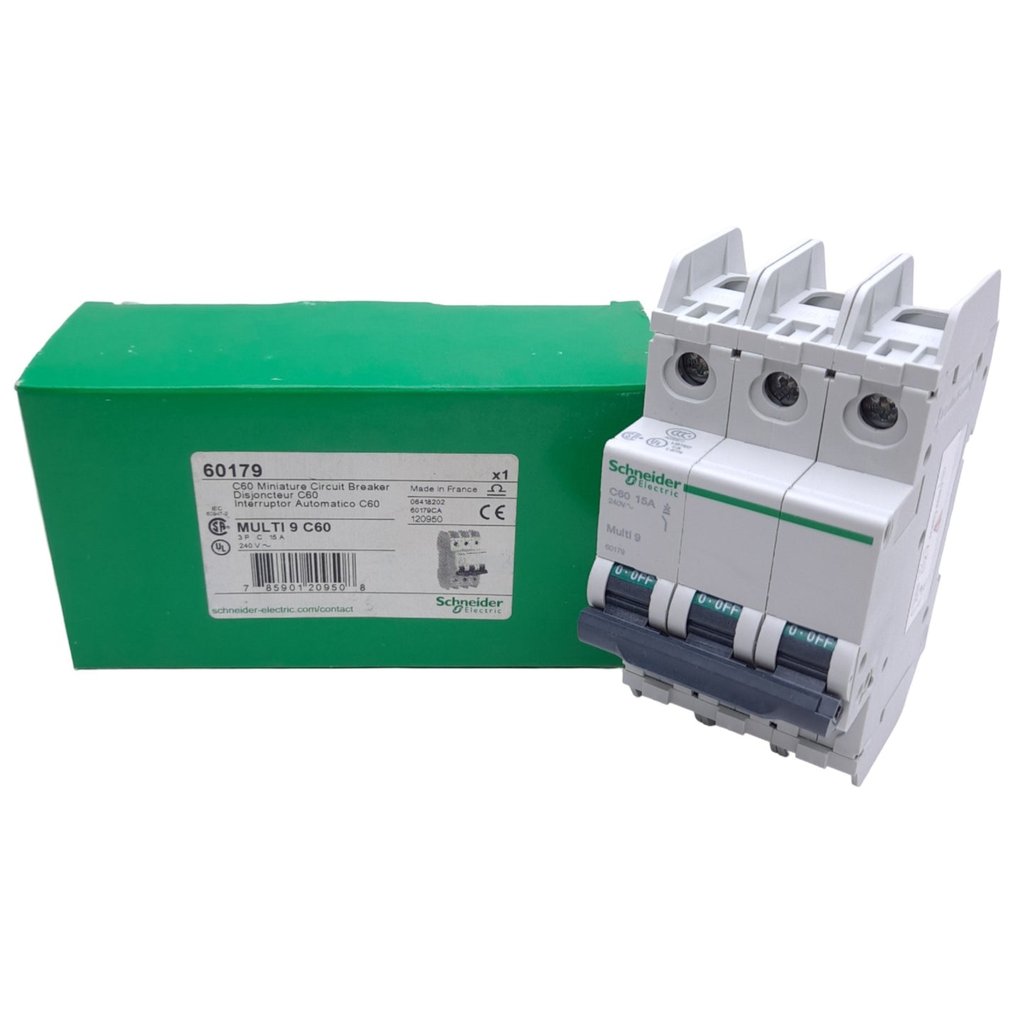 New Schneider Electric 60179 Circuit Breaker, 240VAC 15A, 3-Pole, DIN Rail