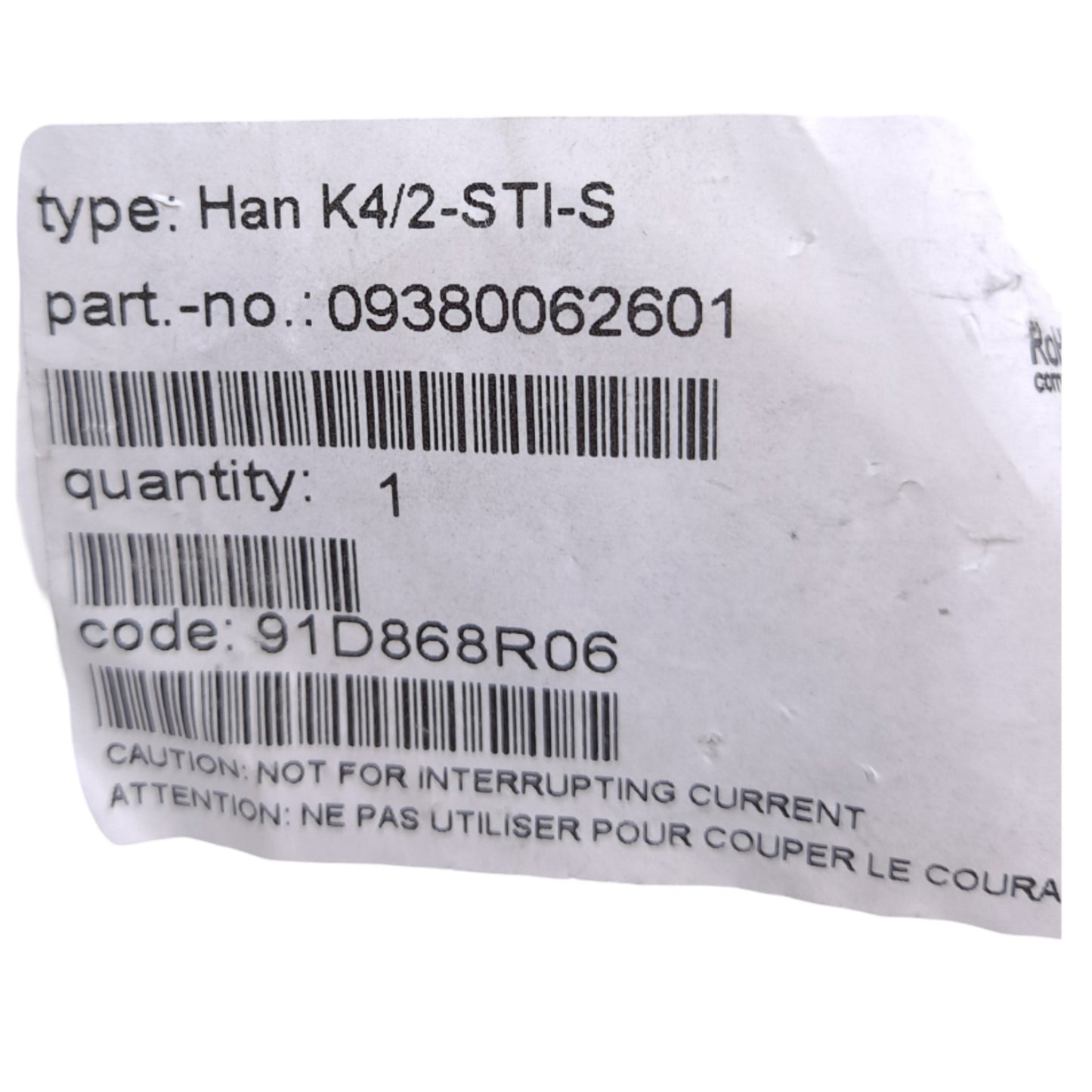 New Harting 09380062601 Han K 4/2 Pin Male Insert, 4 Power Contact, 2 Signal Contact