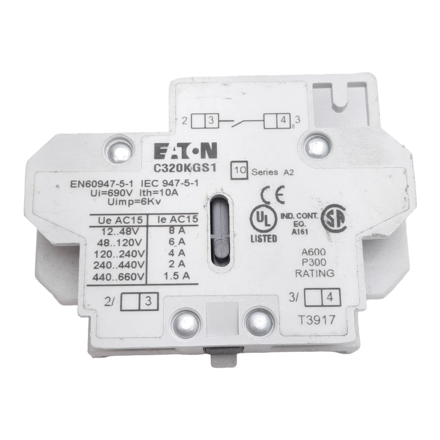 Used Eaton C320KGS1 Auxiliary Contact Block For Starters/Contactors SPST-NO 10A 690V