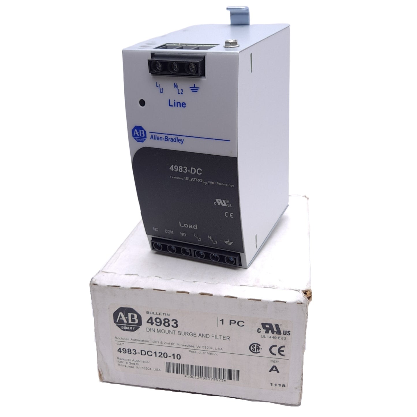 New Allen Bradley 4983-DC120-10 Filter & Surge Protector, 120VAC, 10A, DIN Rail