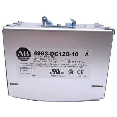New Allen Bradley 4983-DC120-10 Filter & Surge Protector, 120VAC, 10A, DIN Rail