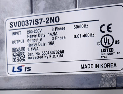 New LS Electric SV0037IS7-2NO Variable Frequency Drive 3 Phase 240VAC 16A 24A