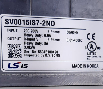 New LS Electric SV0015IS7-2NO Variable Frequency Drive 3 Phase 240VAC 12A 8A